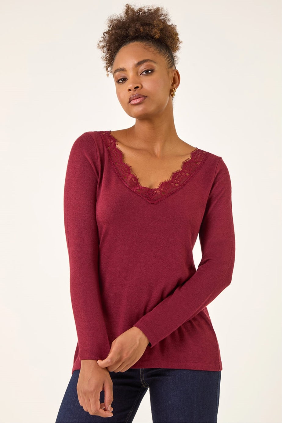 Roman Red Lace V-Neck Stretch Top