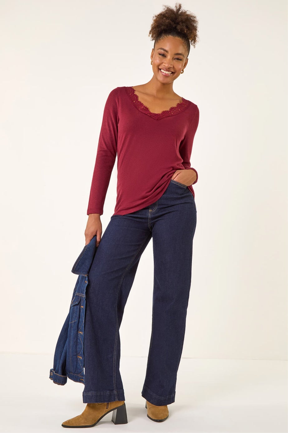 Roman Red Lace V-Neck Stretch Top