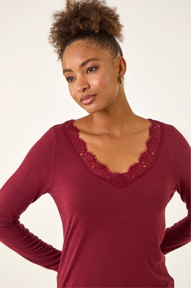 Roman Red Lace V-Neck Stretch Top