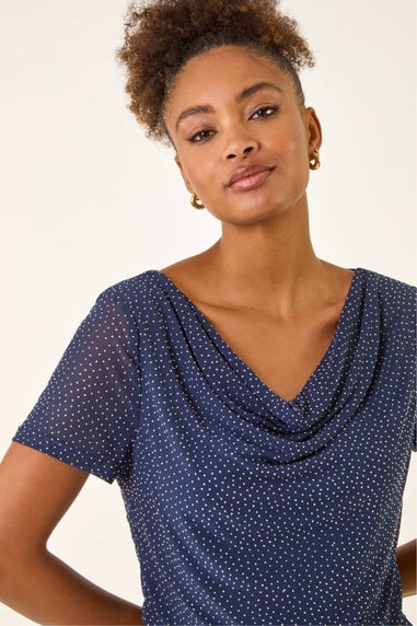 Roman Navy Embellished Cowl Neck Top