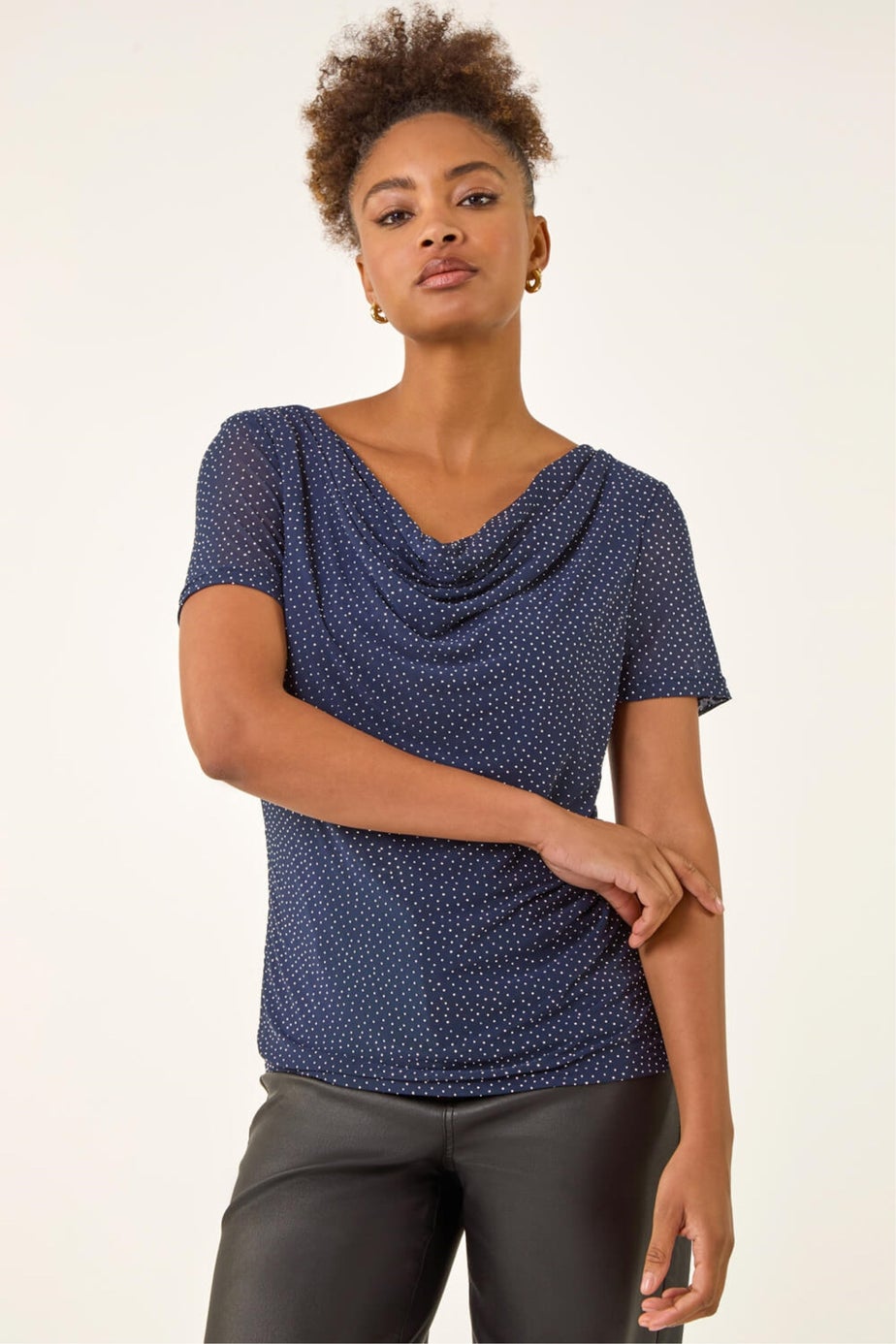 Roman Navy Embellished Cowl Neck Top