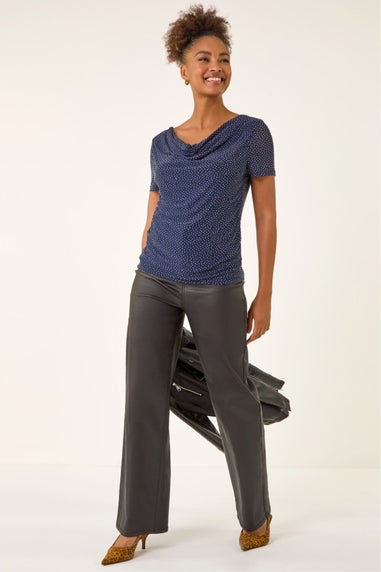 Roman Navy Embellished Cowl Neck Top