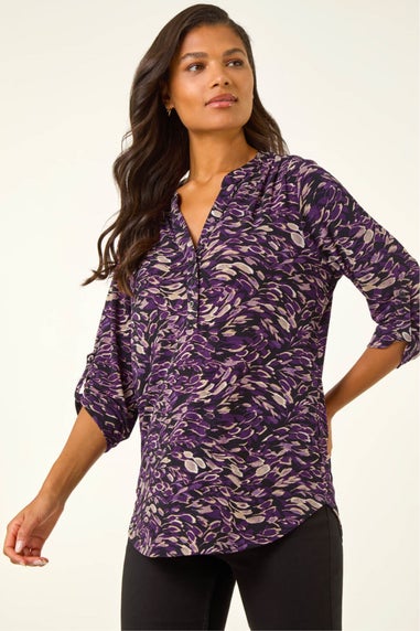 Roman Purple Abstract Print V-Neck Stretch Shirt