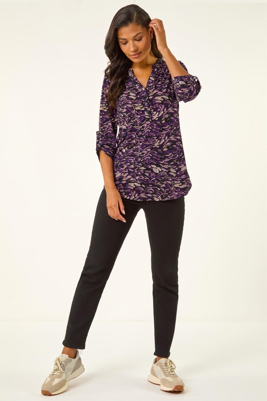 Roman Purple Abstract Print V-Neck Stretch Shirt