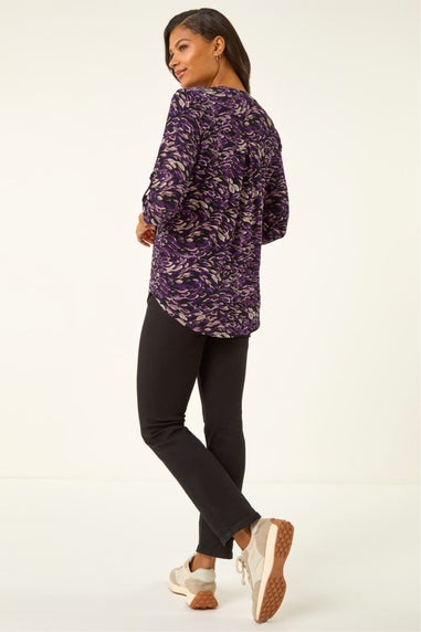 Roman Purple Abstract Print V-Neck Stretch Shirt
