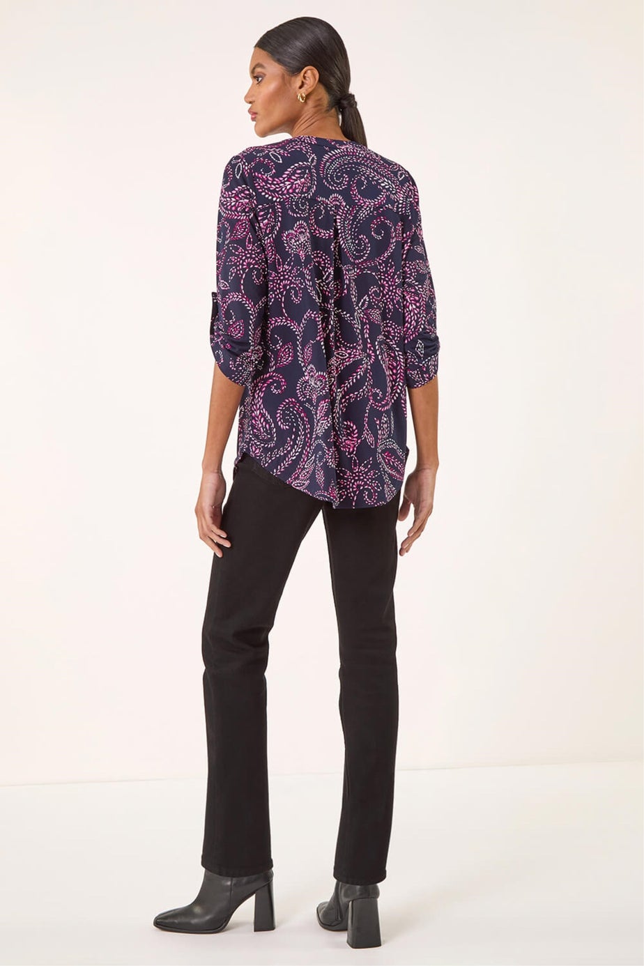 Roman Navy Leaf Puff Print Stretch Shirt