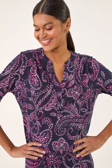 Roman Navy Leaf Puff Print Stretch Shirt