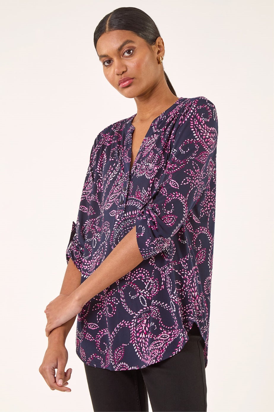 Roman Navy Leaf Puff Print Stretch Shirt