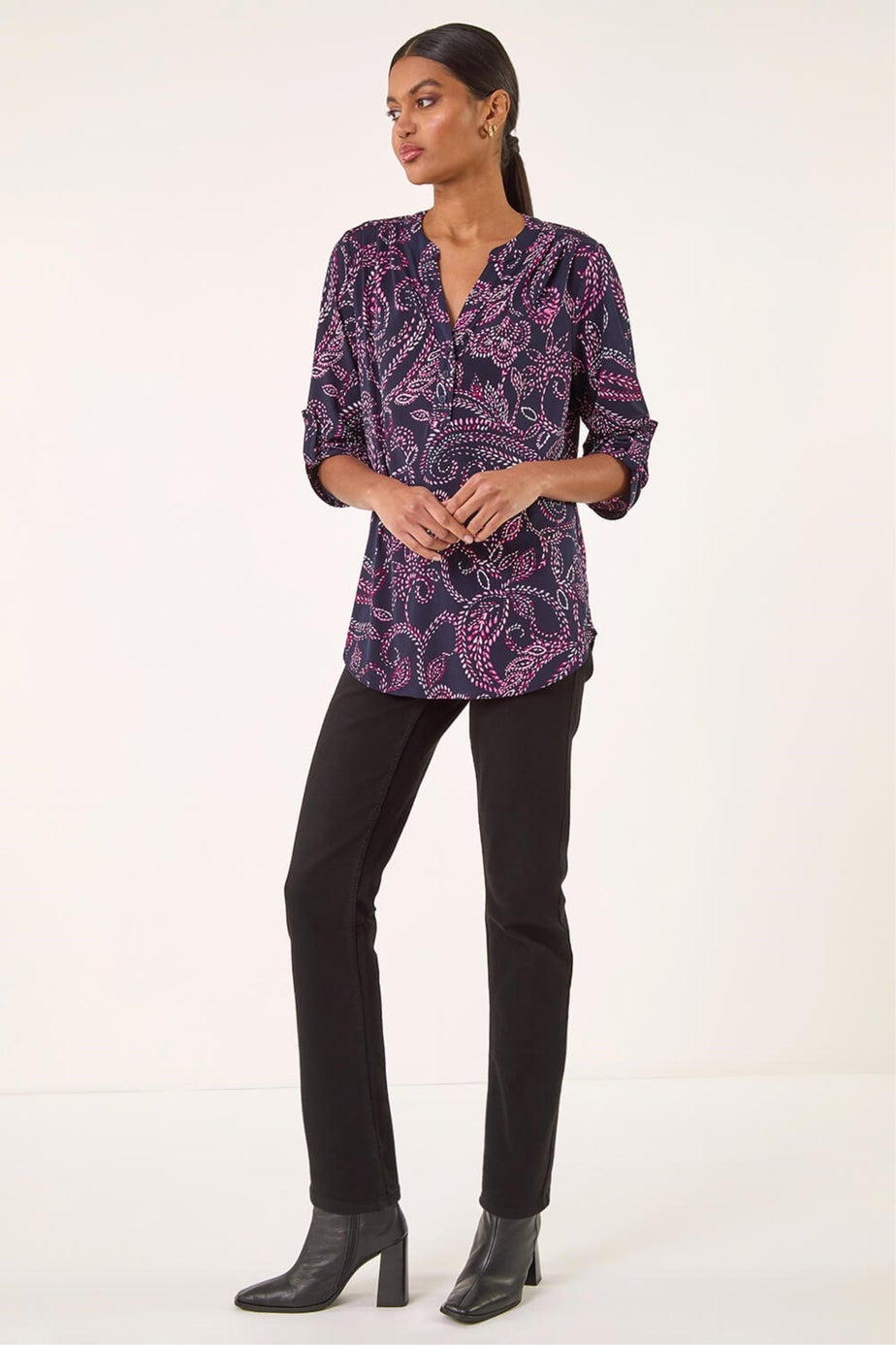 Roman Navy Leaf Puff Print Stretch Shirt