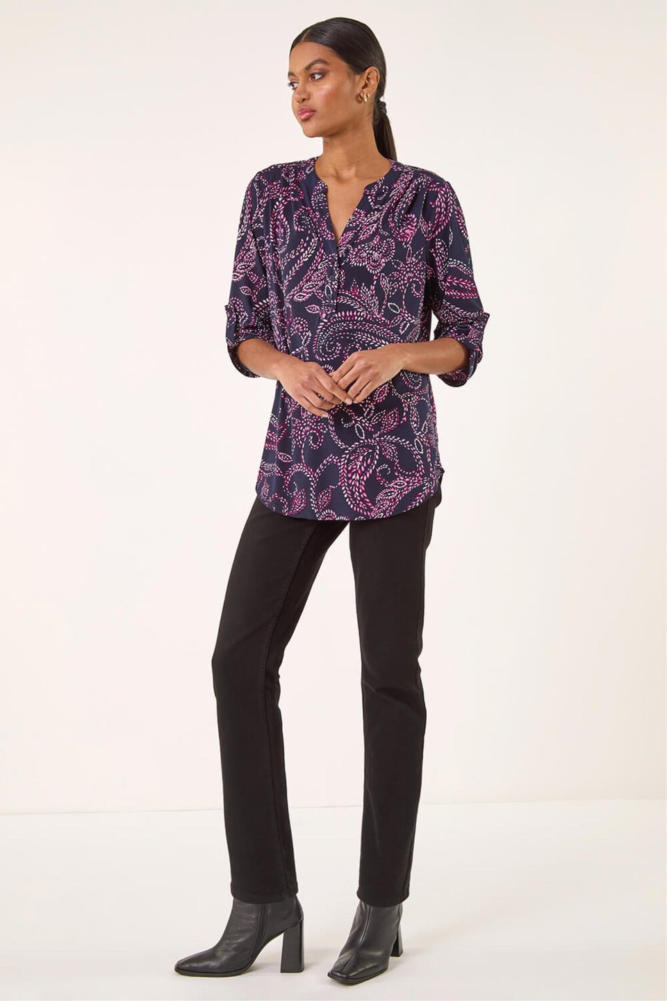 Roman Navy Leaf Puff Print Stretch Shirt