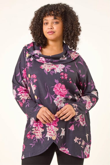 Roman Pink Curve Floral Print Cowl Stretch Top