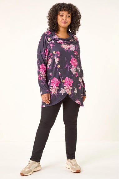 Roman Pink Curve Floral Print Cowl Stretch Top