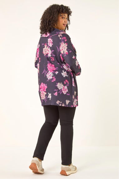 Roman Pink Curve Floral Print Cowl Stretch Top