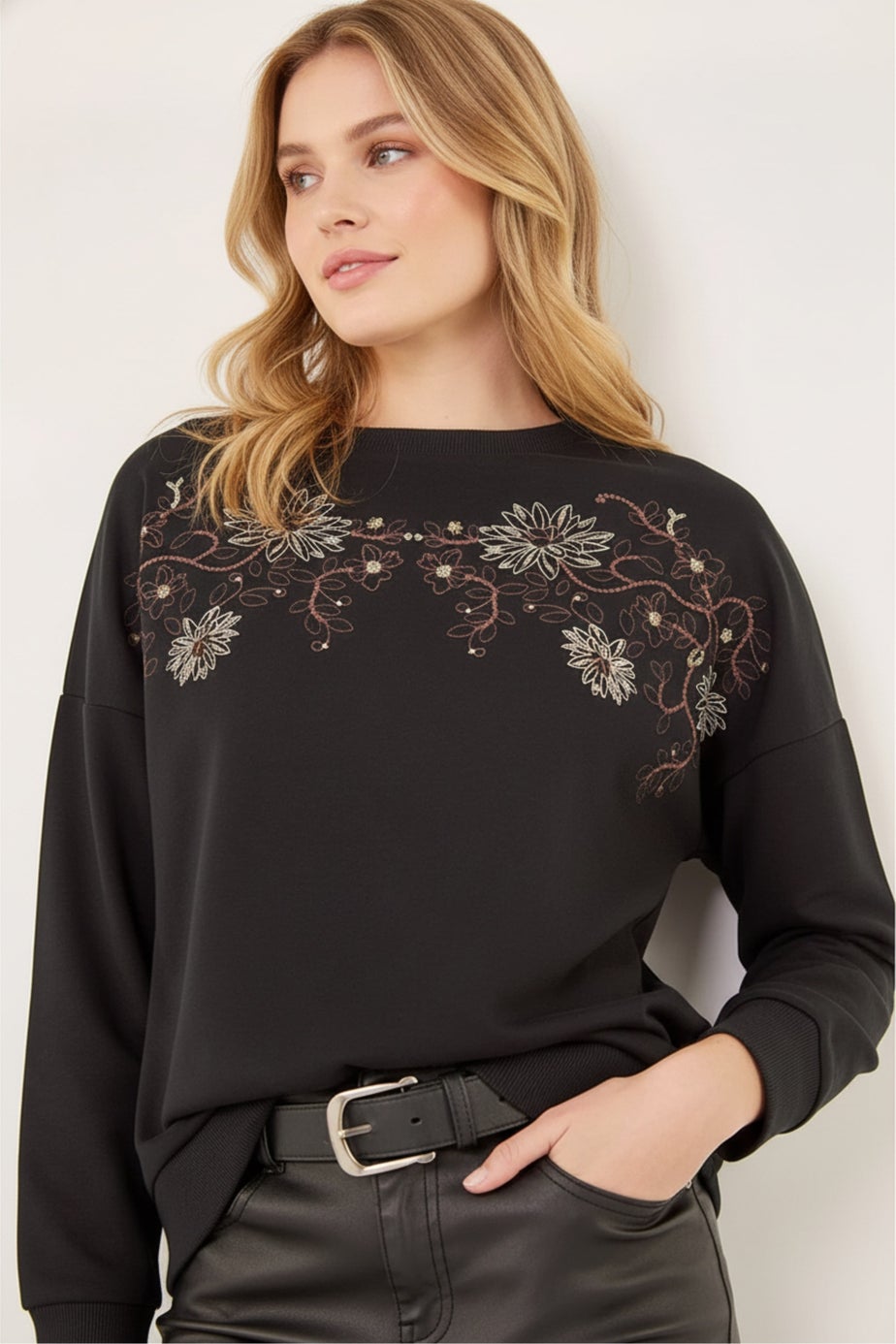 Roman Black Floral Embroidered Stretch Top