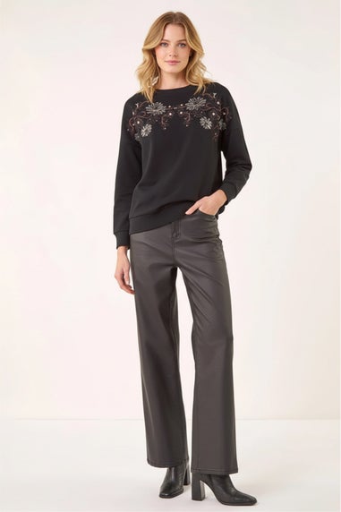 Roman Black Floral Embroidered Stretch Top