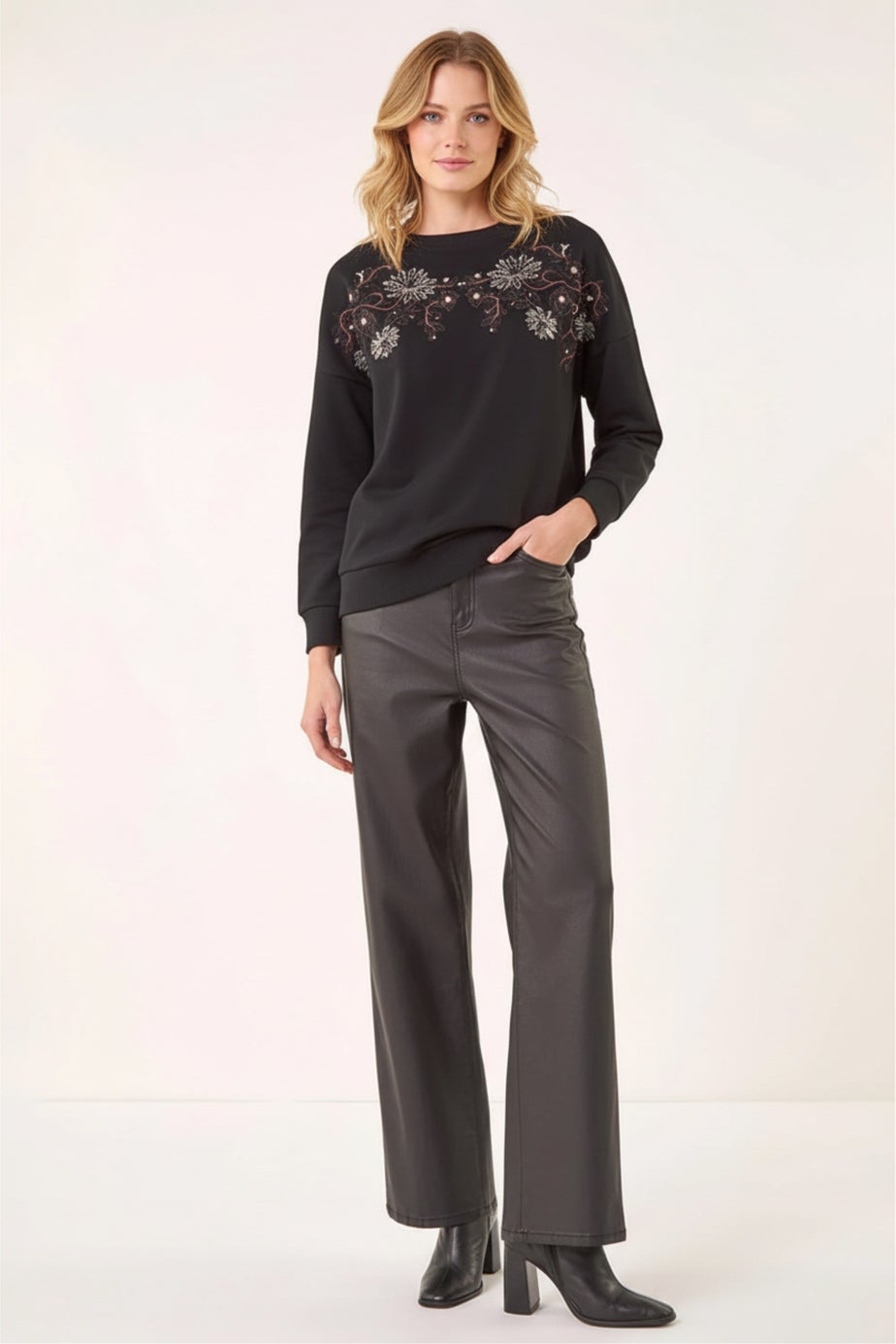 Roman Black Floral Embroidered Stretch Top