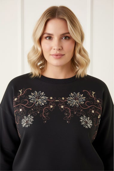 Roman Black Floral Embroidered Stretch Top