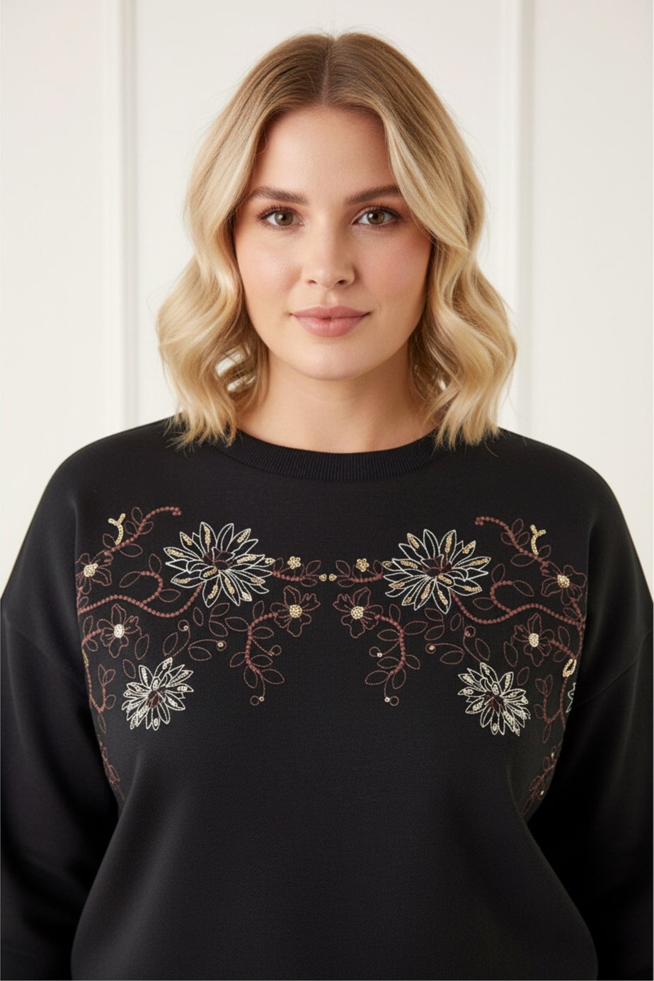 Roman Black Floral Embroidered Stretch Top