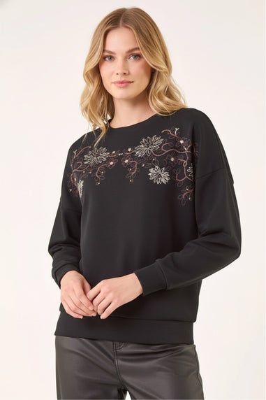 Roman Black Floral Embroidered Stretch Top