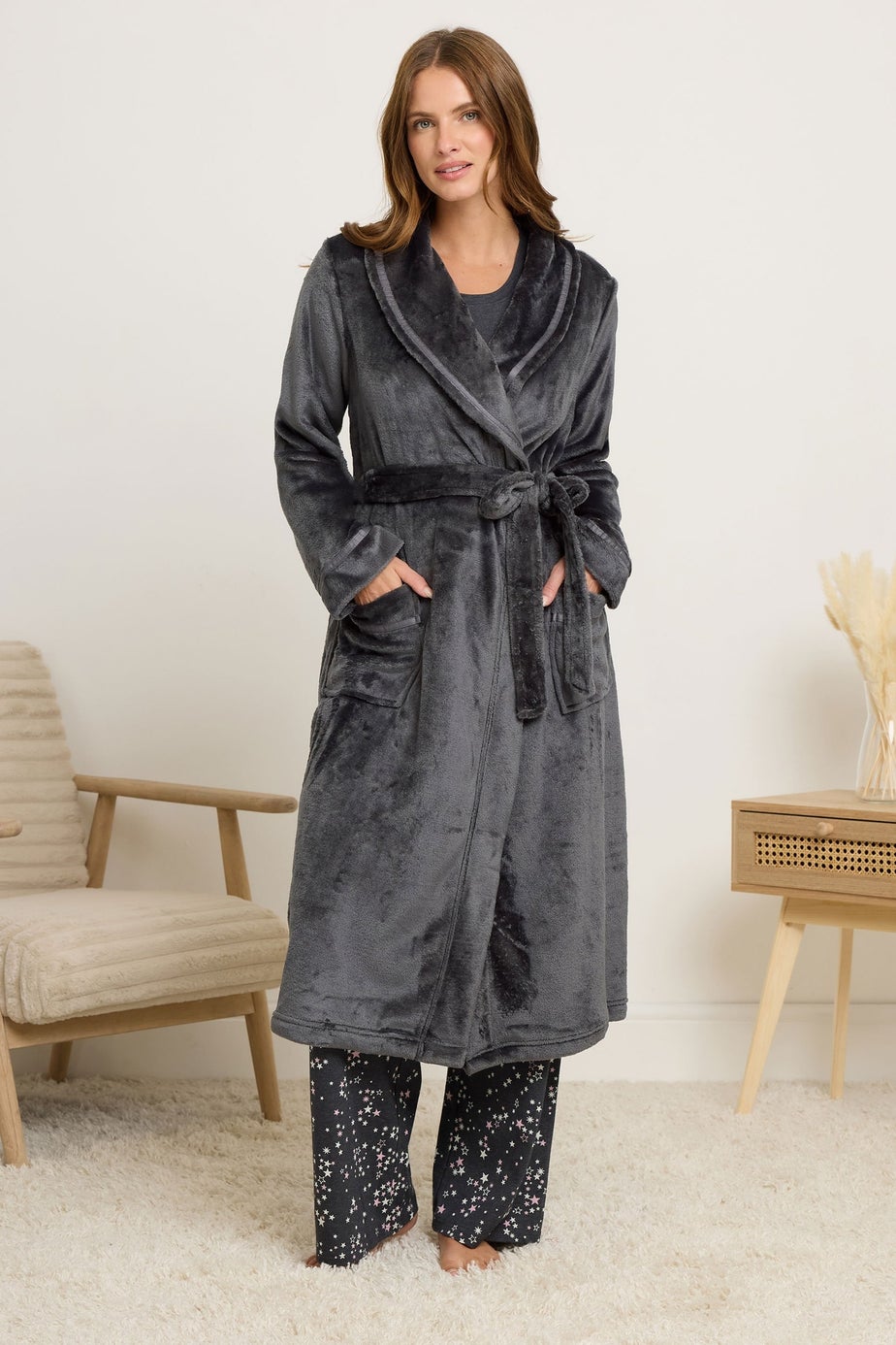 M&Co Dark Grey Ribbon Detail Shawl Dressing Gown