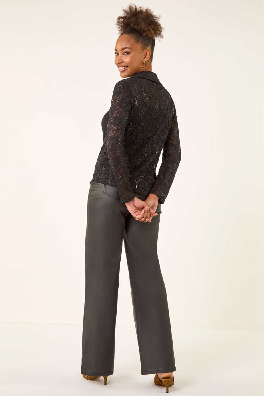 Roman Black Sequin Lace Collared Blouse
