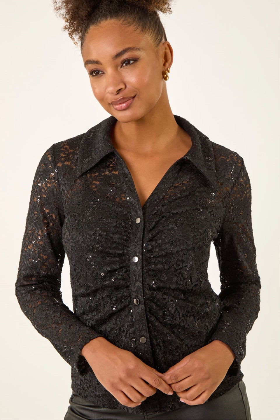 Roman Black Sequin Lace Collared Blouse