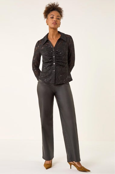 Roman Black Sequin Lace Collared Blouse