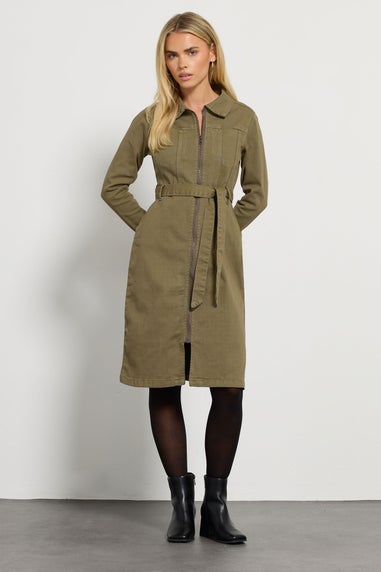 M&Co Petite Khaki Green Zip Denim Midi Dress