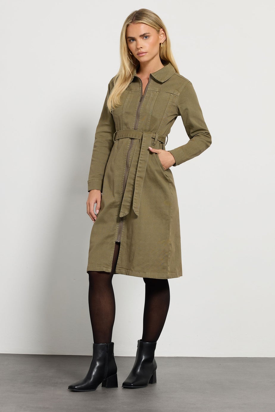 M&Co Petite Khaki Green Zip Denim Midi Dress