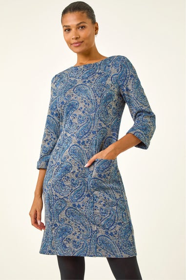 Roman Blue Paisley Print Pocket Shift Stretch Dress