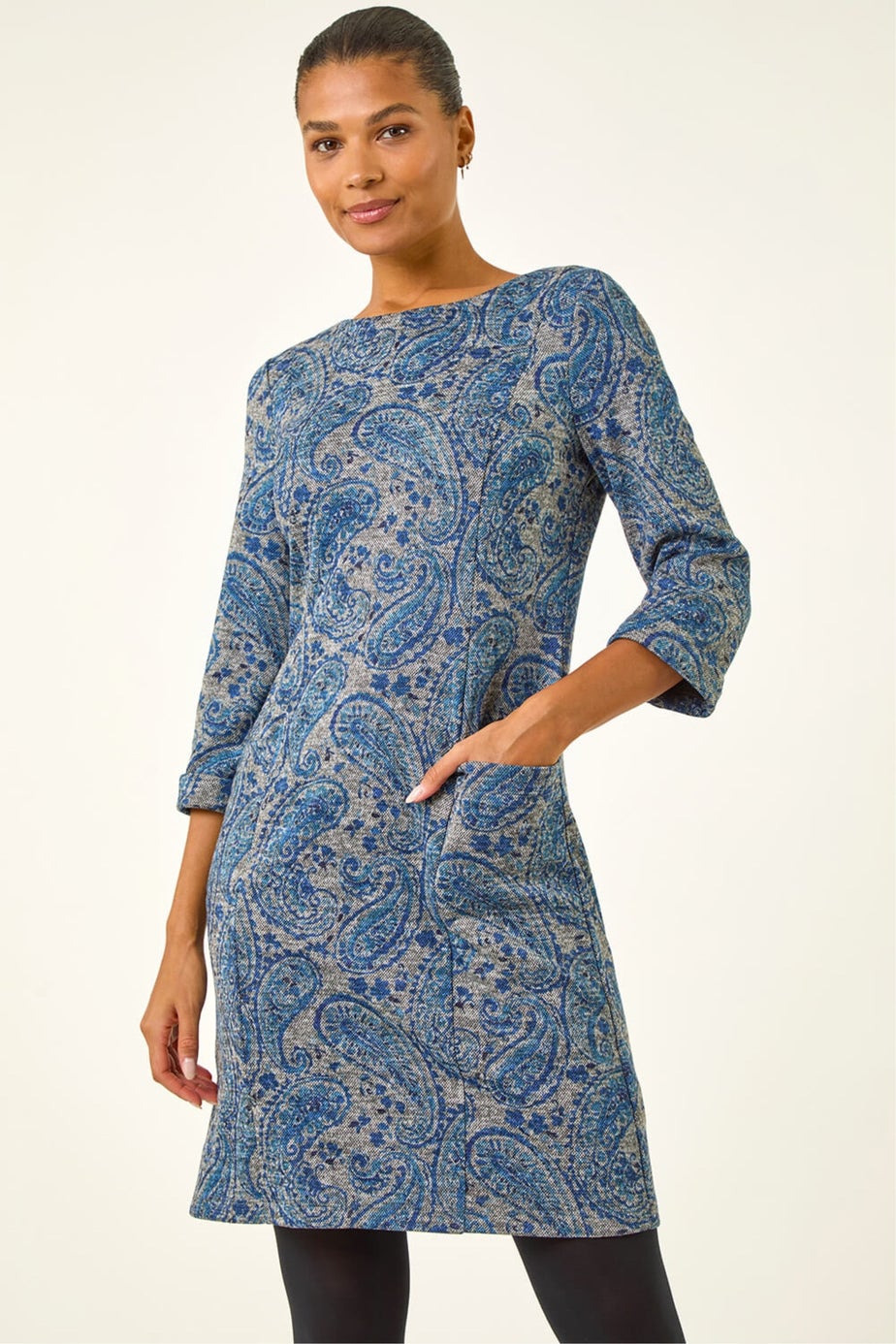 Roman Blue Paisley Print Pocket Shift Stretch Dress