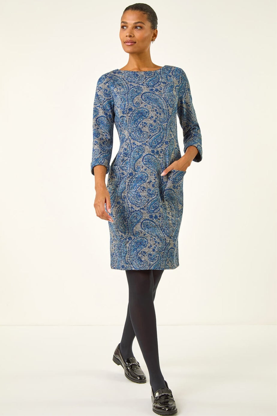 Roman Blue Paisley Print Pocket Shift Stretch Dress