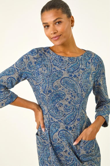 Roman Blue Paisley Print Pocket Shift Stretch Dress