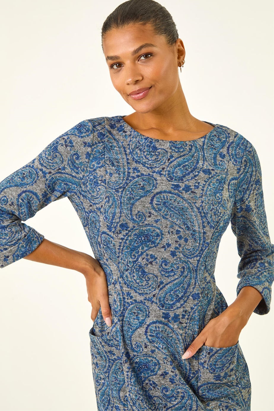 Roman Blue Paisley Print Pocket Shift Stretch Dress