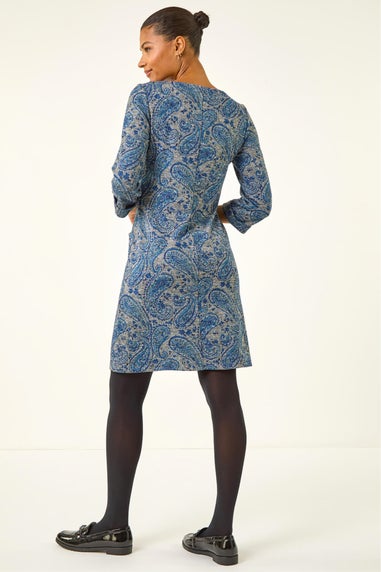 Roman Blue Paisley Print Pocket Shift Stretch Dress