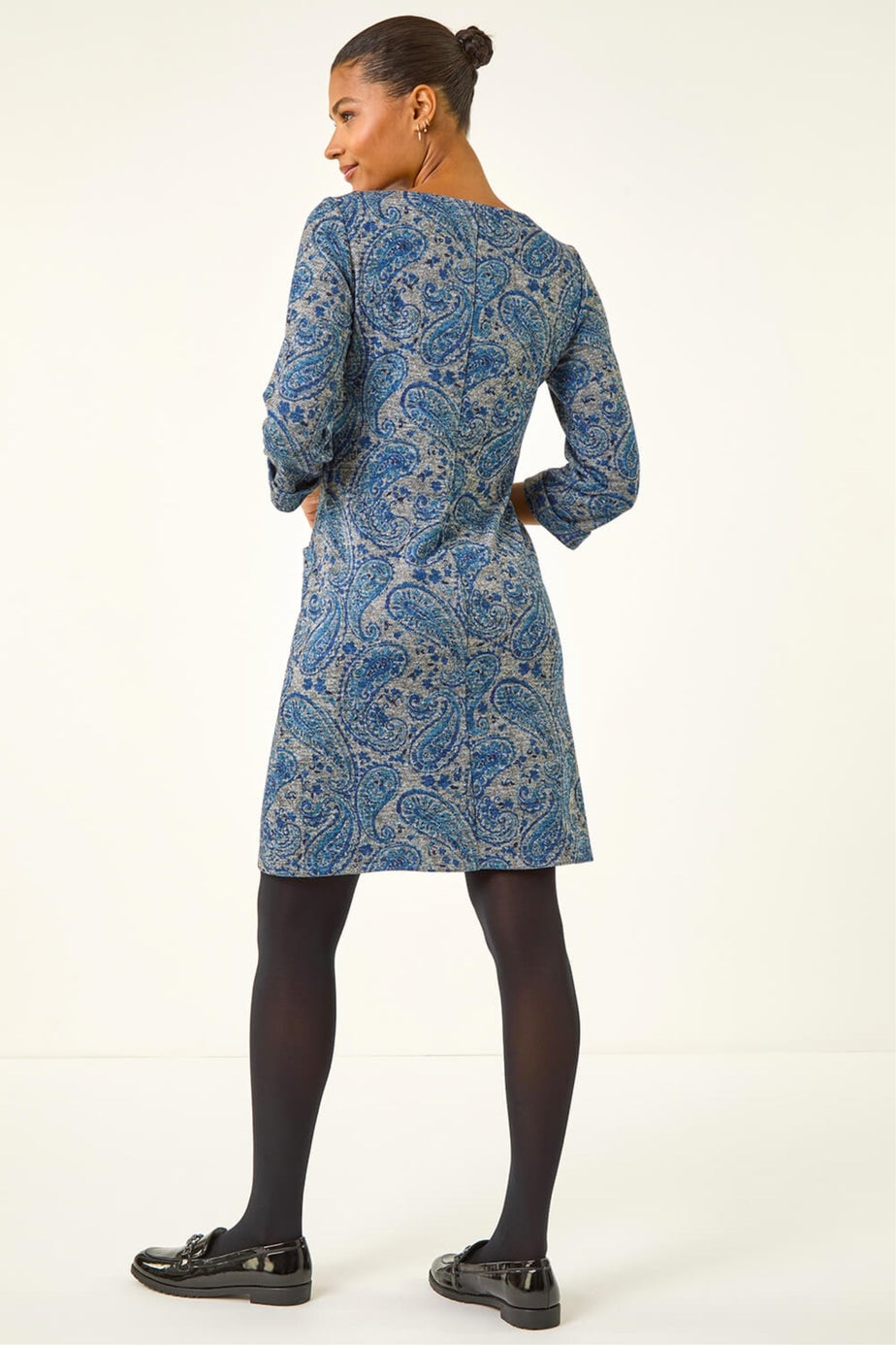 Roman Blue Paisley Print Pocket Shift Stretch Dress