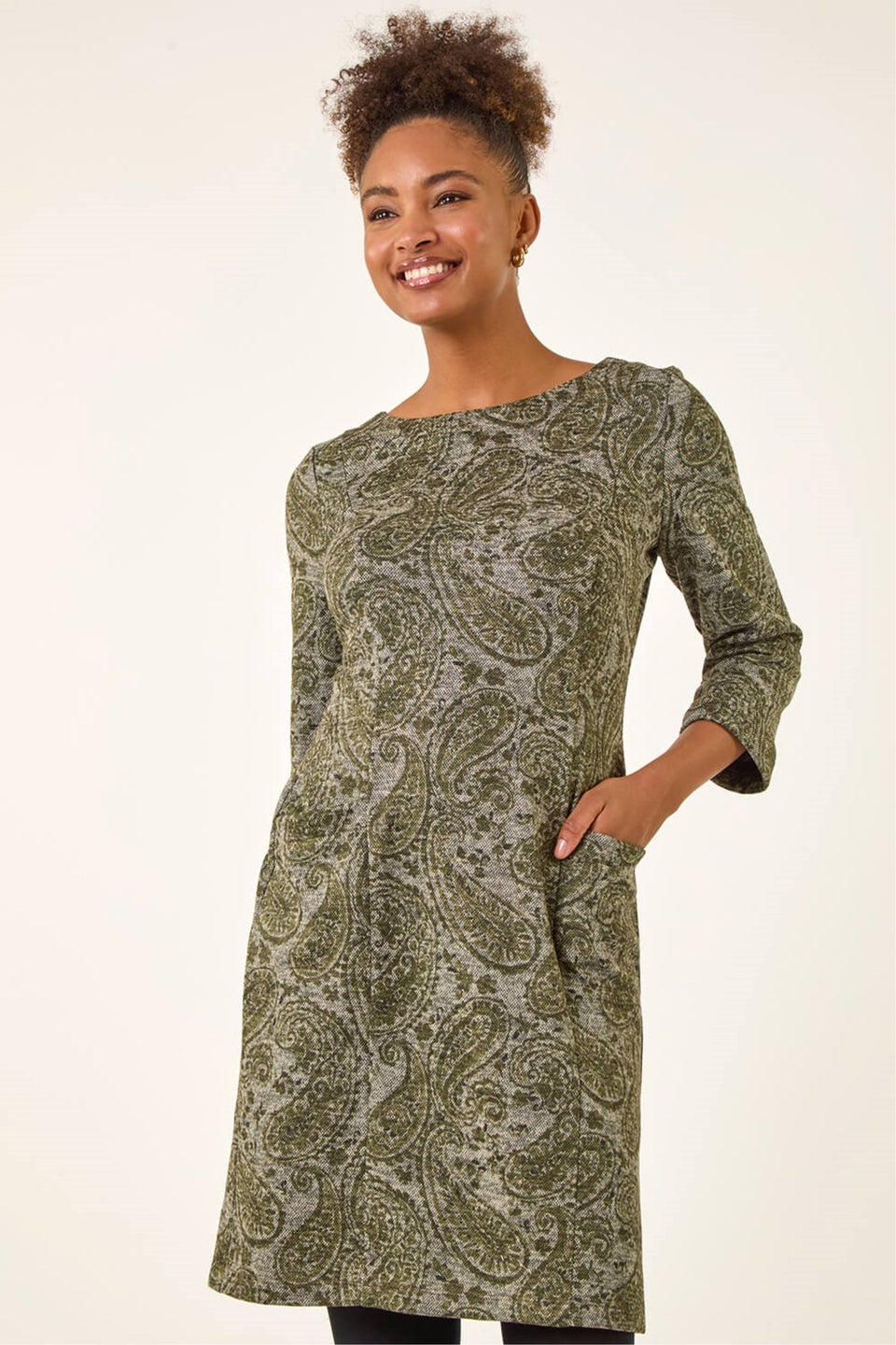 Roman Olive Paisley Print Pocket Shift Stretch Dress