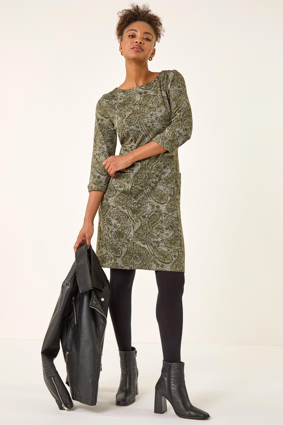 Roman Olive Paisley Print Pocket Shift Stretch Dress