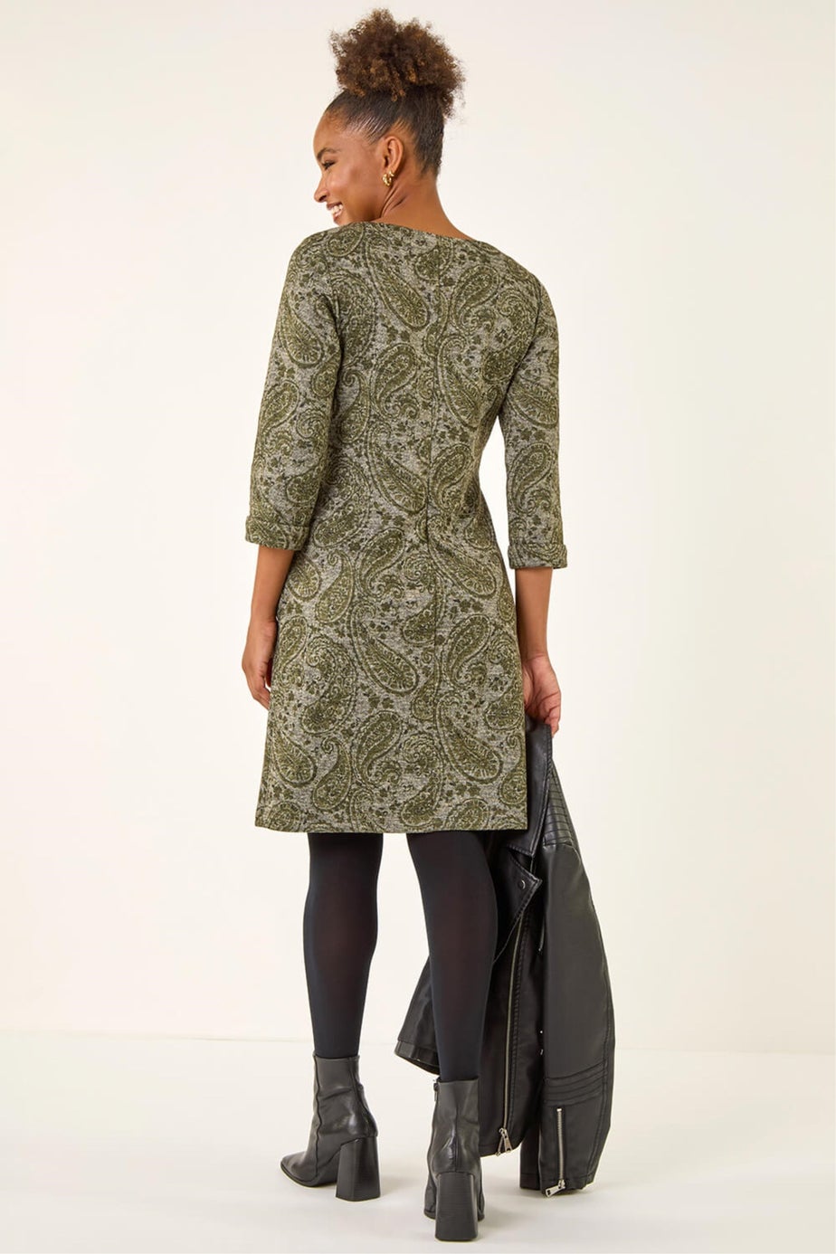 Roman Olive Paisley Print Pocket Shift Stretch Dress