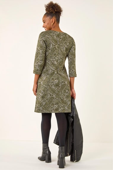 Roman Olive Paisley Print Pocket Shift Stretch Dress