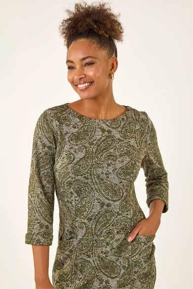 Roman Olive Paisley Print Pocket Shift Stretch Dress