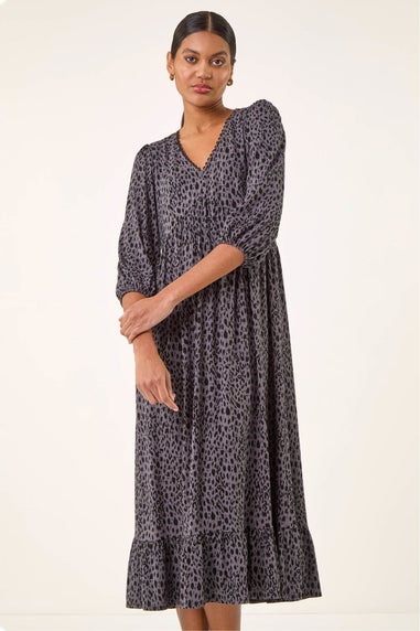 Roman Grey Animal Print Lace Trim Stretch Dress