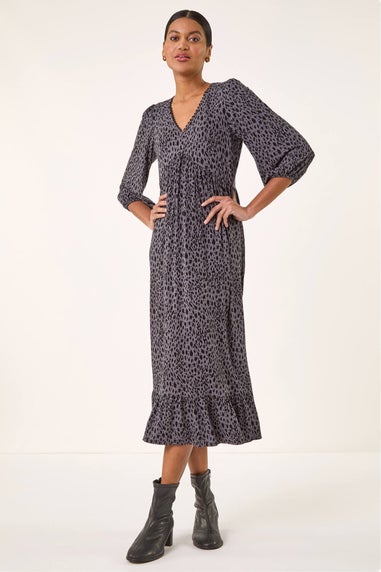 Roman Grey Animal Print Lace Trim Stretch Dress