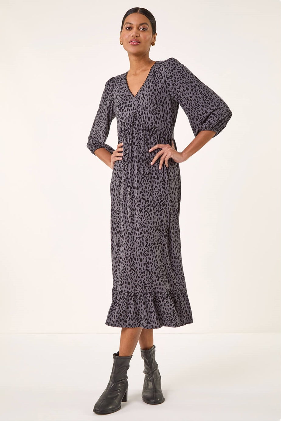 Roman Grey Animal Print Lace Trim Stretch Dress