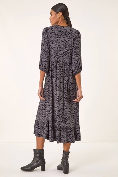 Roman Grey Animal Print Lace Trim Stretch Dress