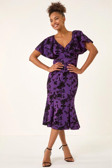 Roman Purple Glitter Floral Flocked Flutter Dress
