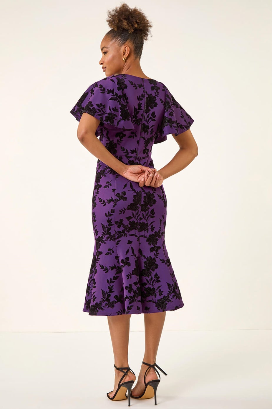 Roman Purple Glitter Floral Flocked Flutter Dress