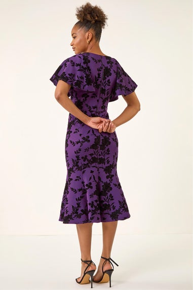 Roman Purple Glitter Floral Flocked Flutter Dress