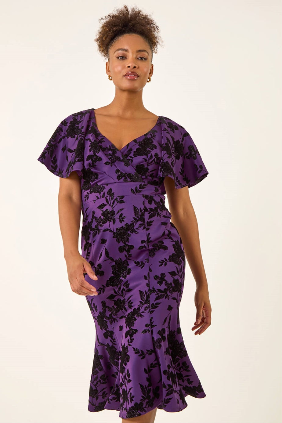 Roman Purple Glitter Floral Flocked Flutter Dress