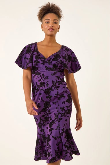 Roman Purple Glitter Floral Flocked Flutter Dress